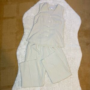 Bedford Fair linen color two piece button up sleeveless top with wide trousers